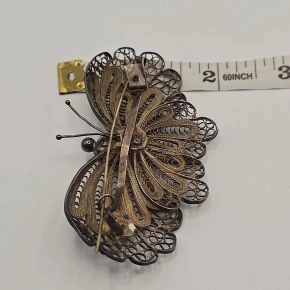 VTG Silver Filigree Butterfly Brooch Pin Pendant 1950s-60s Mid Century Jewelry - Picture 9 of 11